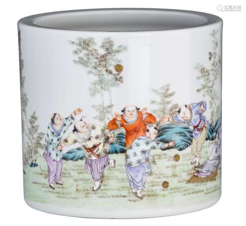 A Chinese famille rose brush pot, decorated with p...;