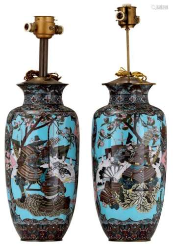 Two Japanese pale blue ground cloisonné enamel vas...;