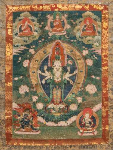 An 18thC Tibetan thangka, signed, 75 x 116 cm