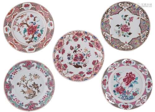 Five Chinese famille rose floral decorated dishes,...;