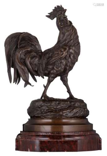 Barye A., a rooster, patinated bronze on a rouge N…
