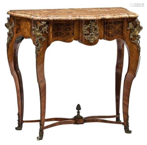 A rococo style 19thC rosewood and marquetry veneer…