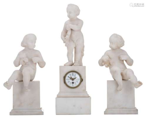 A neoclassical Carrara marble three piece clock se…