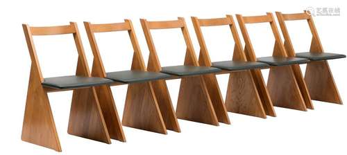 A set of six oak chairs with leather seats, design…