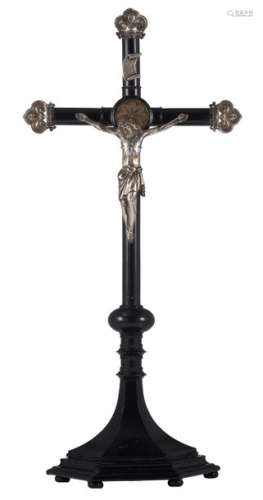 A fine ebonised wood crucifix with silver mounts, …