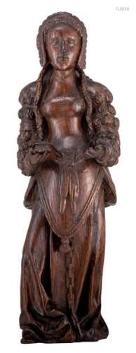 An oak sculpture of a female Saint, later 16thC, t…
