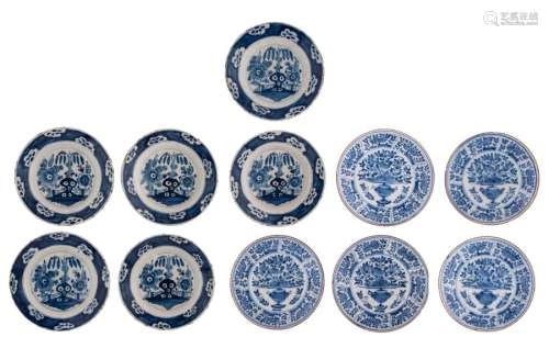A lot of eleven Delftware blue and white plates, f…