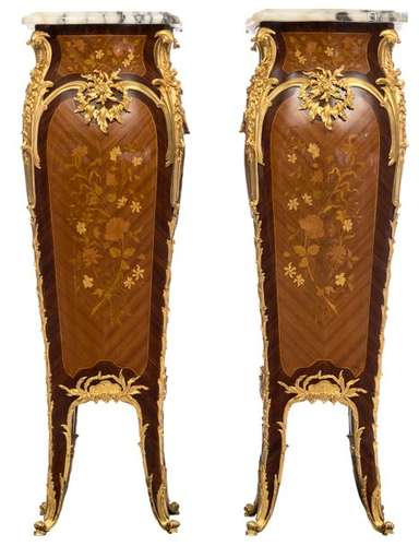 A pair of rococo style pedestals, marquetry veneer…