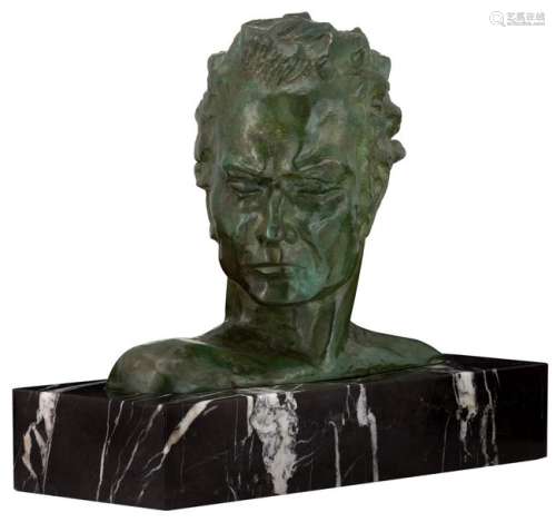 Noël L., a bust of a man, green patinated bronze o…
