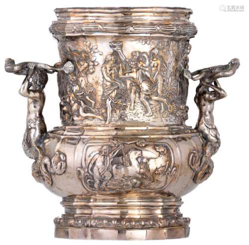 A silver wine cooler, relief decorated with cartou…