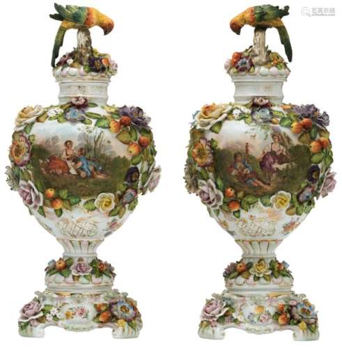 A pair of Saxony porcelain vases and covers, decor…