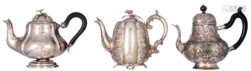 Three Dutch 19thC silver teapots, two with ebonise…