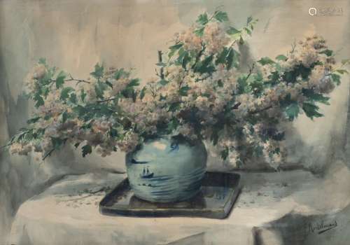 Mortelmans F., a still life with lilacs, watercolo…