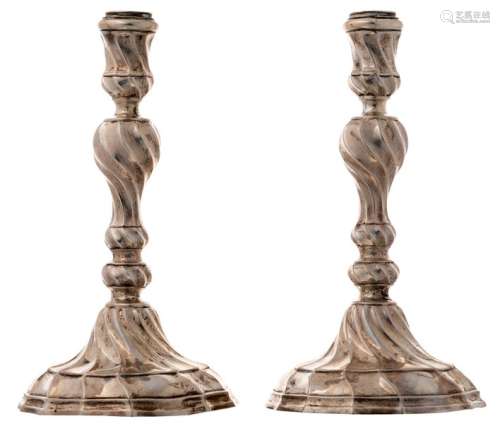 A pair of LXV silver candlesticks, 18thC, illegibl…