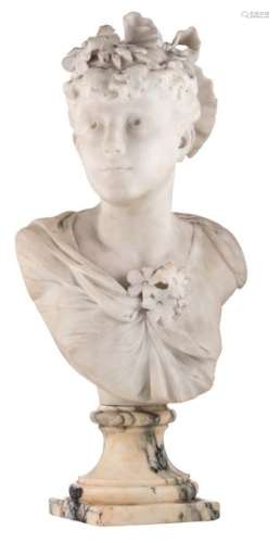 Madrassi L. A bust of a young girl with flowers in…