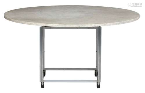 A wide round marble dining table, H 72 ø 140 cm