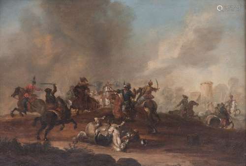 No visible signature, a battle scene, 18thC, oil o…