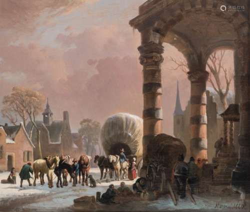 Marinus F., 'Bij de stadshal', dated 1840, oil on …
