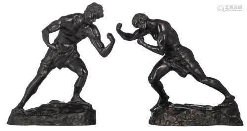 Lambeaux J., two 'Lutteurs', patinated bronze, H 3…