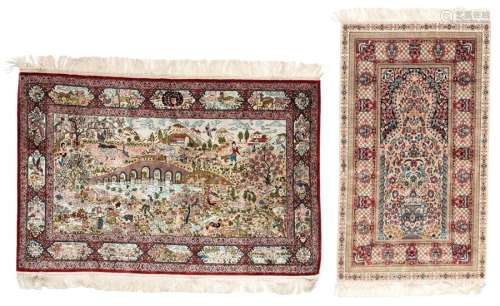 An Oriental silk carpet, decorated with figures in…