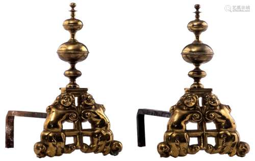 A pair of bronze neo baroque andirons, H 42 W 25 D…