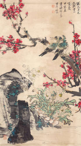 陈子奋 梅石双翠图 1898-1976 设色纸本 立轴