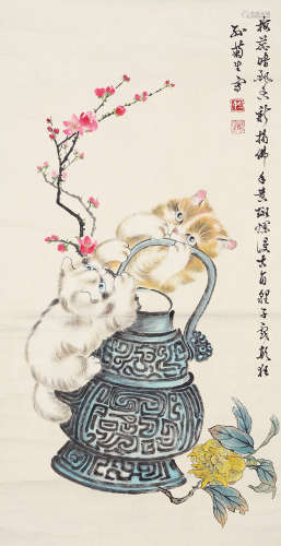 孙菊生 猫趣图 b.1913 设色纸本 镜芯