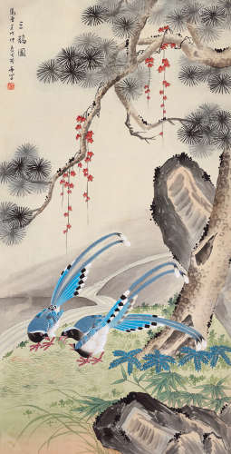 马晋 三鹊图 1900-1970 设色绢本 立轴