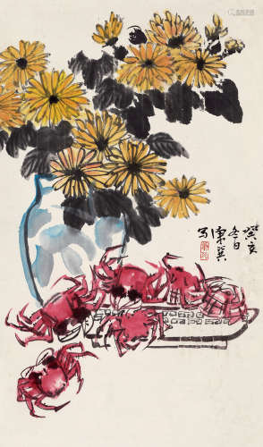 康师尧 菊蟹图 1921-1985 设色纸本 立轴