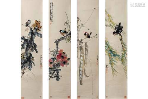 ZHAO SHAOANG: FOUR INK AND COLOR ON PAPER PAINTINGS 'FLOWERS AND BIRDS'