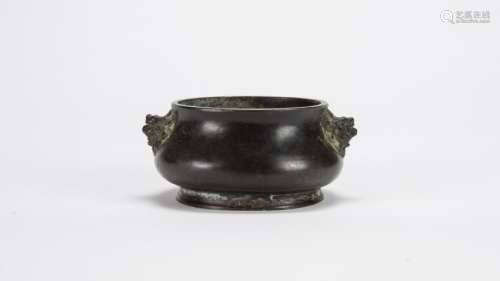 Qing - A Bronze Double Handle Censer 