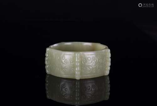 Qing-A Green White Jade Carved Bangle