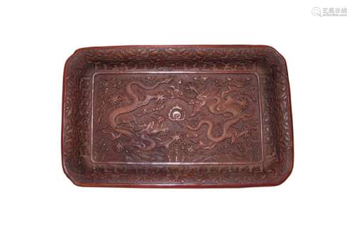 Qing - A Red Cinnabar Lacquar Carved Double Dragon