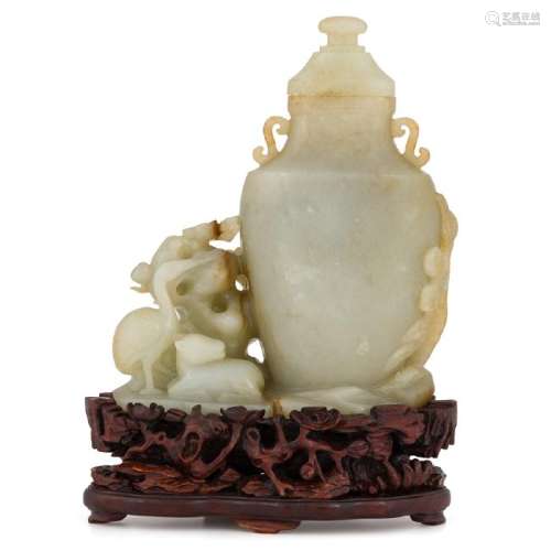 CHINESE JADE CARVED CRANE & VASE ON STAND