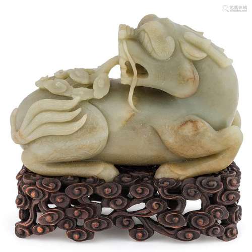 CARVED JADE QILIN SCLUPTURE ON STAND