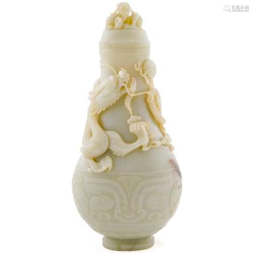 WHITE JADE CARVED DRAGON LIDDED VASE