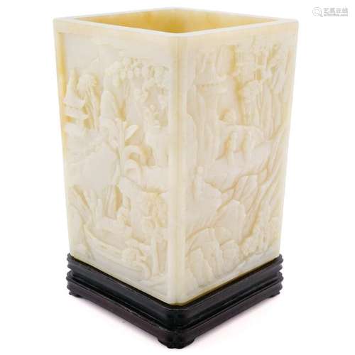 JADE SQUARE BRUSH POT IN LANDSCAPE RELIEFS ON STAND