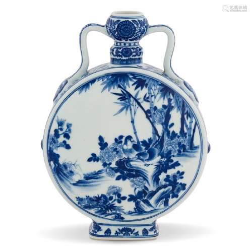 QING BLUE & WHITE DUCK & LANDSCAPE MOON VASE