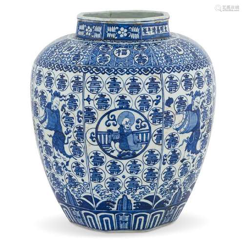 MING BLUE & WHITE HUNDRED SHOU IMMORTAL JAR