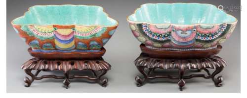 PAIR OF CHINESE PORCELAIN MOTH BOWLS ON STANDS