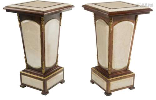 PAIR OF MAHOGANY MARBLE GILT BRONZE PEDESTALS