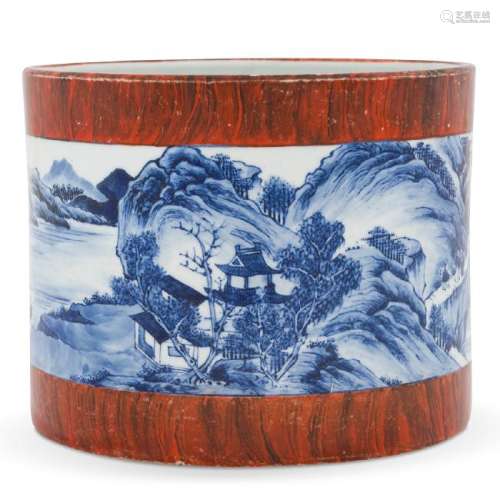 KANGXI WOOD GRAIN BLUE & WHITE LANDSCAPE BRUSH POT