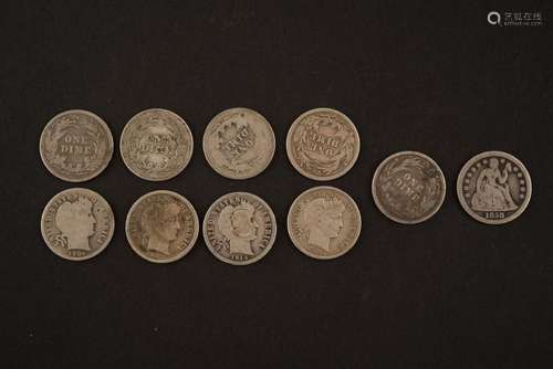 1868 LIBERTY DIME & 9 BARBER DIMES