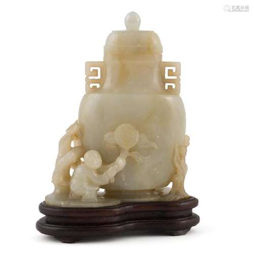 CARVED JADE COVERED URN OF BOY & FLOWERS