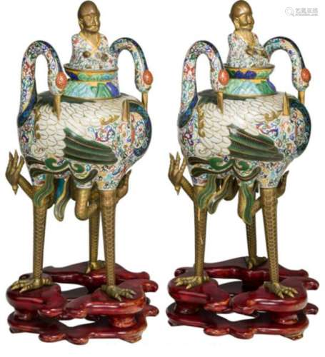 PAIR CHINESE CLOISONNE TRIPLE CRANE CENSERS ON STANDS