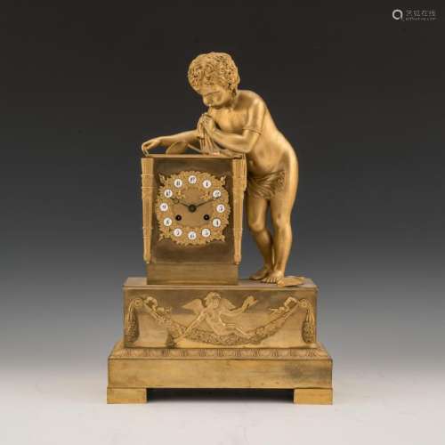 FRENCH EMPIRE-STYLE GILT BRONZE FIGURAL MANTLE CLOCK