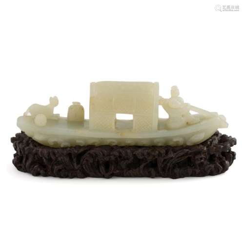 CARVED WHITE JADE IN SHAPE OF FIGURES ON BOAT