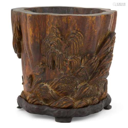 CHENXIANG CARVED BRUSH POT AND STAND