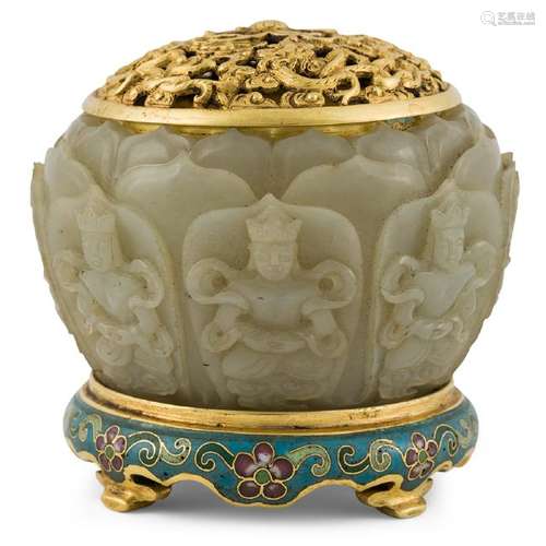 GILT BRONZE LIDDED JADE CENSER ON CLOISONNE STAND