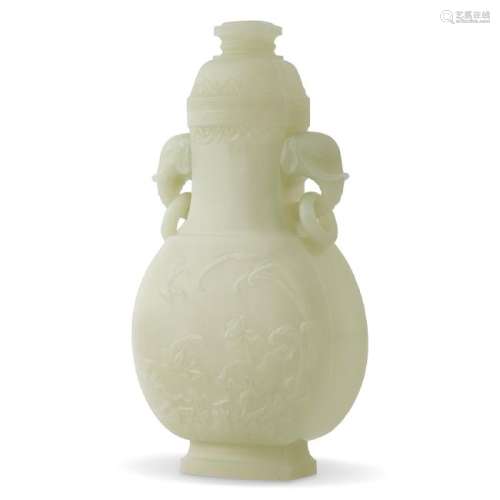 CHINESE JADE VASE WITH ELEPHANTS HANDLE